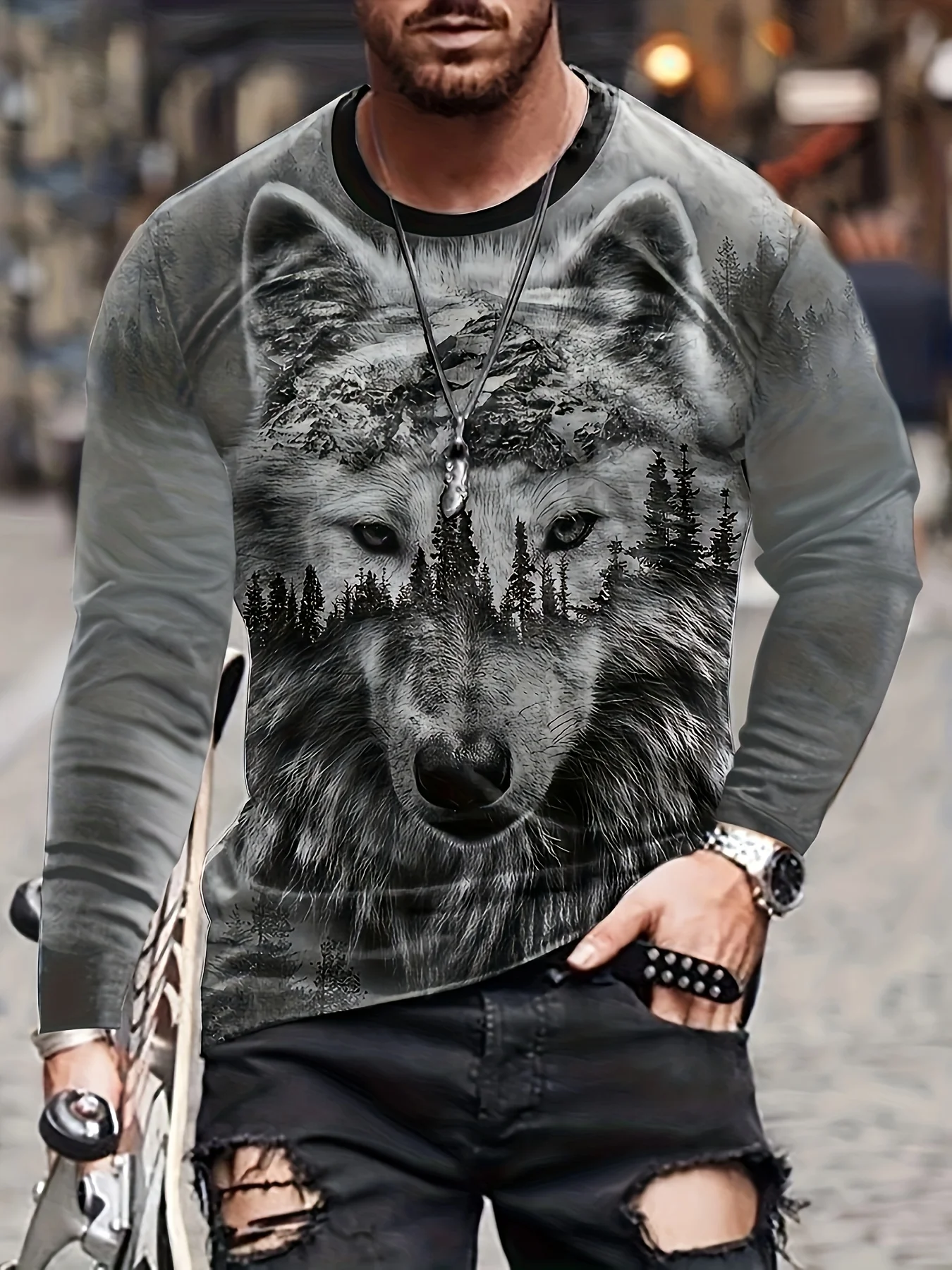 Vintage T Shirt Mens Long Sleeve 3D Werewolf Print 2023 Mens Oversized Clothing O Neck Casual T Shirt Mens Street T Shirt