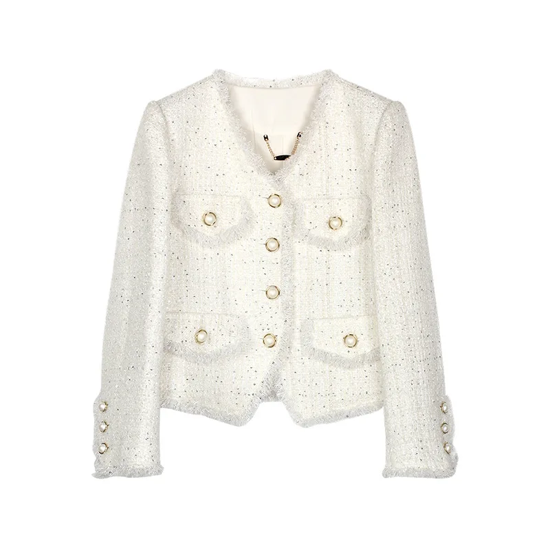

Small Fragrance V-neck Tassel Simple Wild Coat Women Sequins Long Sleeve White Elegant French Tweed Lady Jacket Autumn Winter