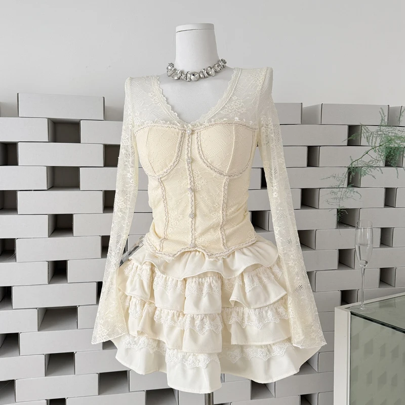 

Two-piece Skirt Suit Women Outfit Long Sleeve V-neck Lace Transparent Sleeve Cropped Tops Elastic Waist Velvet Mini Skirts Sets