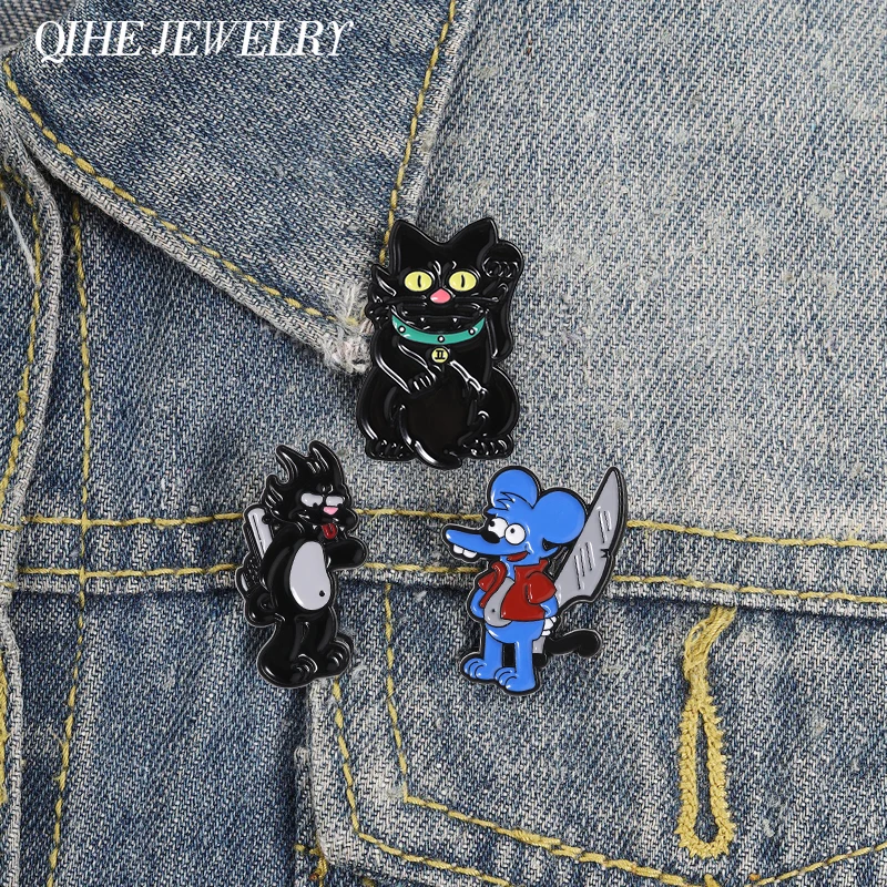 Cartoon Anime Blue Mouse Holding A Knife Enamel Pin Funny Violent Black Cat Paw Metal Brooch Clothes Lapel Badge Anime Jewelry