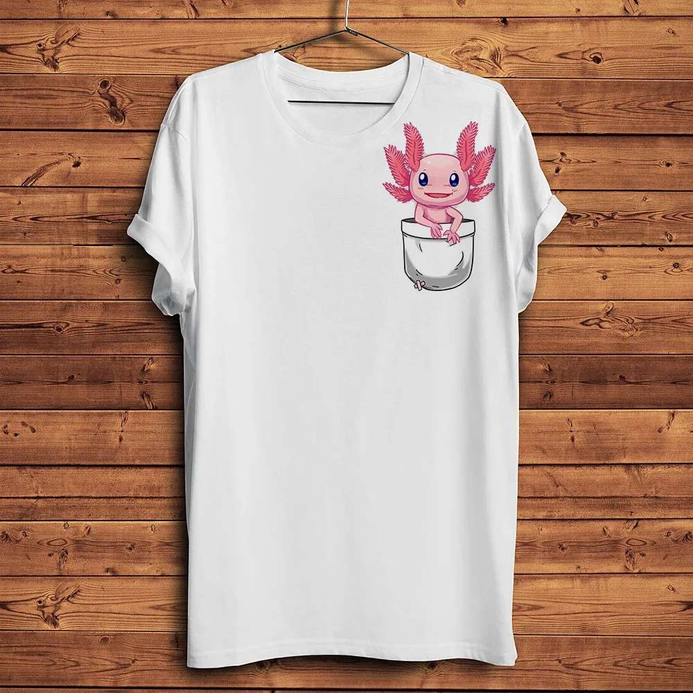 Cute Axolotl in Pocket,Funny Kawaii 3d Vision Tshirt,White Casual Short Sleeve Tee,Unisex Streetwear T-Shirt,Breathable Print