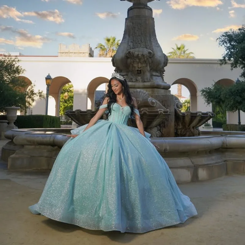 

Блестящее мятно-зеленое тюлевое платье Quinceanera с открытыми плечами по индивидуальному заказу, кружевное многослойное платье с блестками и кристаллами, платья de 15, Quinceanera