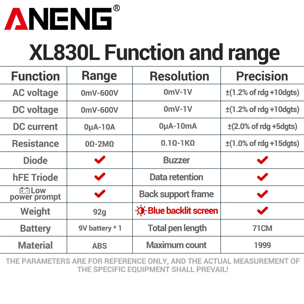 ANENG XL830L 1999 Count Multimeter Homehold Palm hFE Transistors Tester Measuring Meter Digital 10A DC Current Multitester Tools