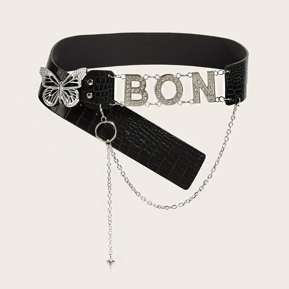 Personality PU Leather Rhinestone Belts Spice Girl Y2K Butterfly Waist Chain Letter Fashion Waistband Decorative Jeans