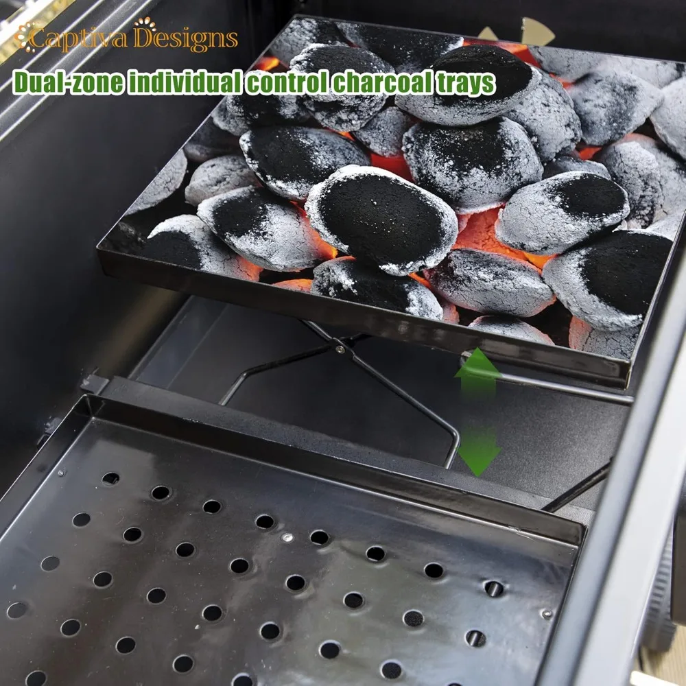 Charcoal grill with 2 individually lifting charcoal trays and 2 foldable side tables for outdoor cooking grills