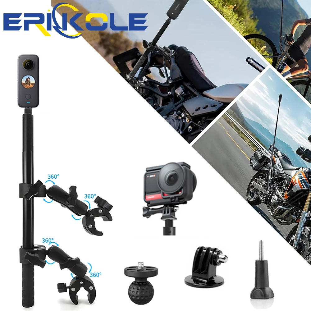 insta360-goproシリーズアクションカメラ360用オートバイダブルヘッドブラケットマウント-°-調整可能なクランプと延長ポール