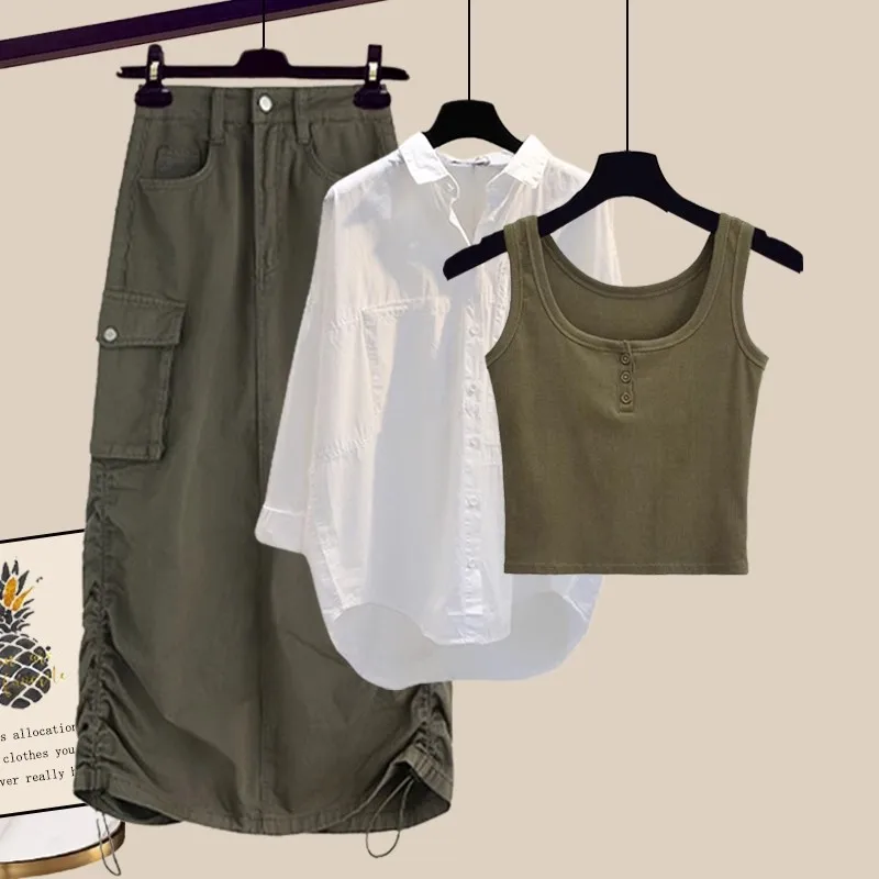 

Early Autumn Fashion Women's Three-Piece Set Sun Protection Shirt Versatile Vest Workwear Skirt Long Sleeve Neck
