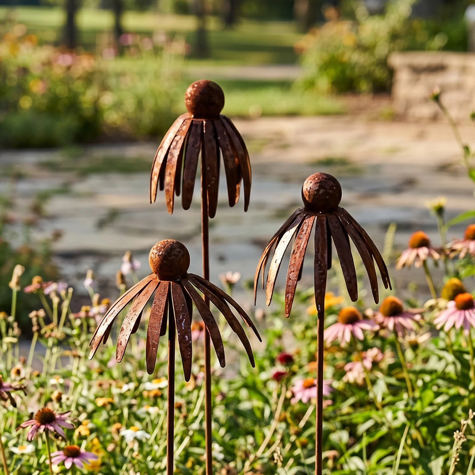 3 Pcs Rusty Daisy Flower Metal Yard Stake Multi-Purpose Versatile Garden Ornament Weather- for Outdoor&Garden Decor