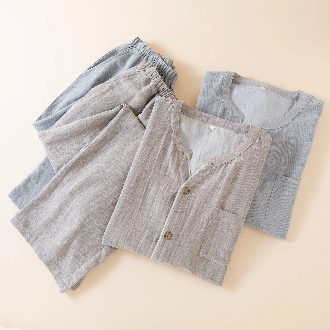 Cotton Sleepwear Clothes for Men's Spring and Autumn Thin Solid Color Cardigan Simple Home Wear Long Trousers Pajama Set