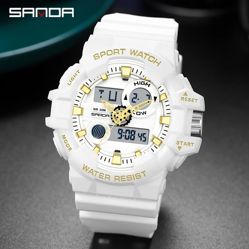 SANDA G Style Blanc Sport Hommes de Montres Top Marque De Luxe Militaire Quartz Montre Hommes Étanche LED Numérique Montres