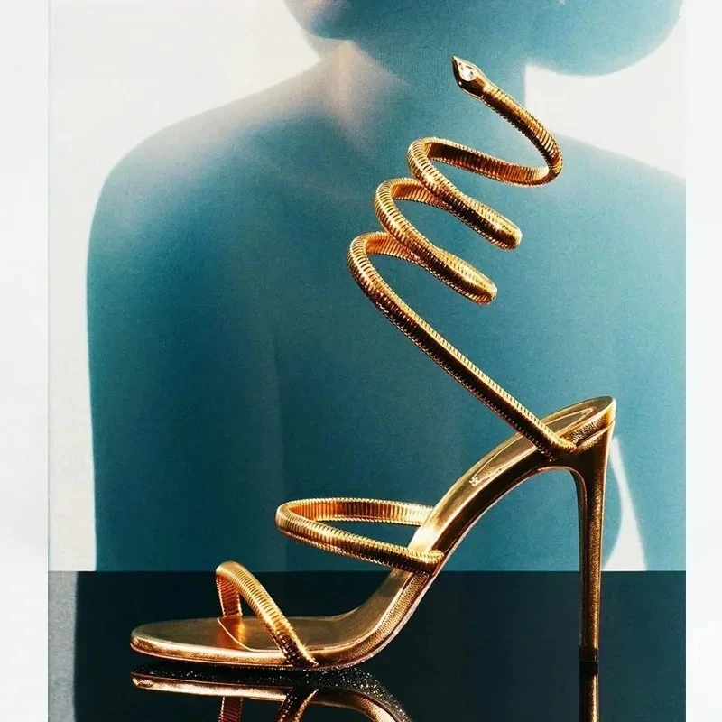 Women's Square Open Toe Metallic Snake‑Shaped Spiral Ankle Wrap Strap Stiletto Heel Sandals,Luxury Nightclub Footwear,DropShippi