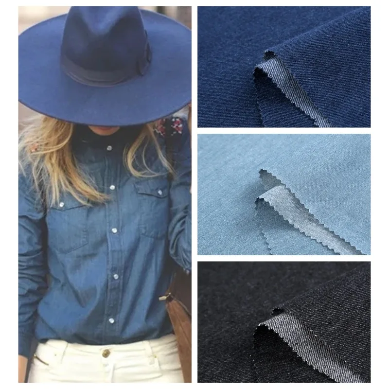 Cotton Washed Thickened Denim Fabric By The Meter for Clothing Shirt Pants Jacket Dress DIY Sewing Plain Cloth Blue Black Color