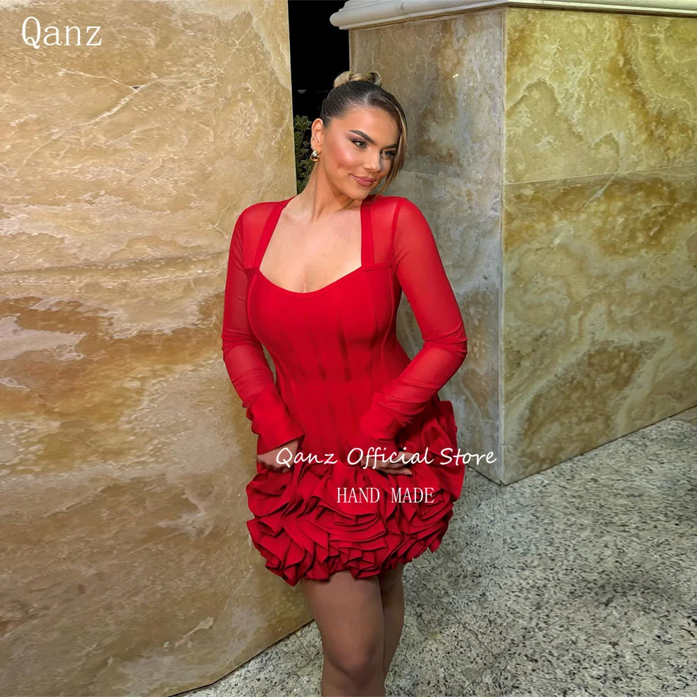 

Qanz Red Mini Prom Dresses Long Sleeves Satin Flowers Sexy Women Birthday Dress Short Above Knee Vestidos De Gala Customized