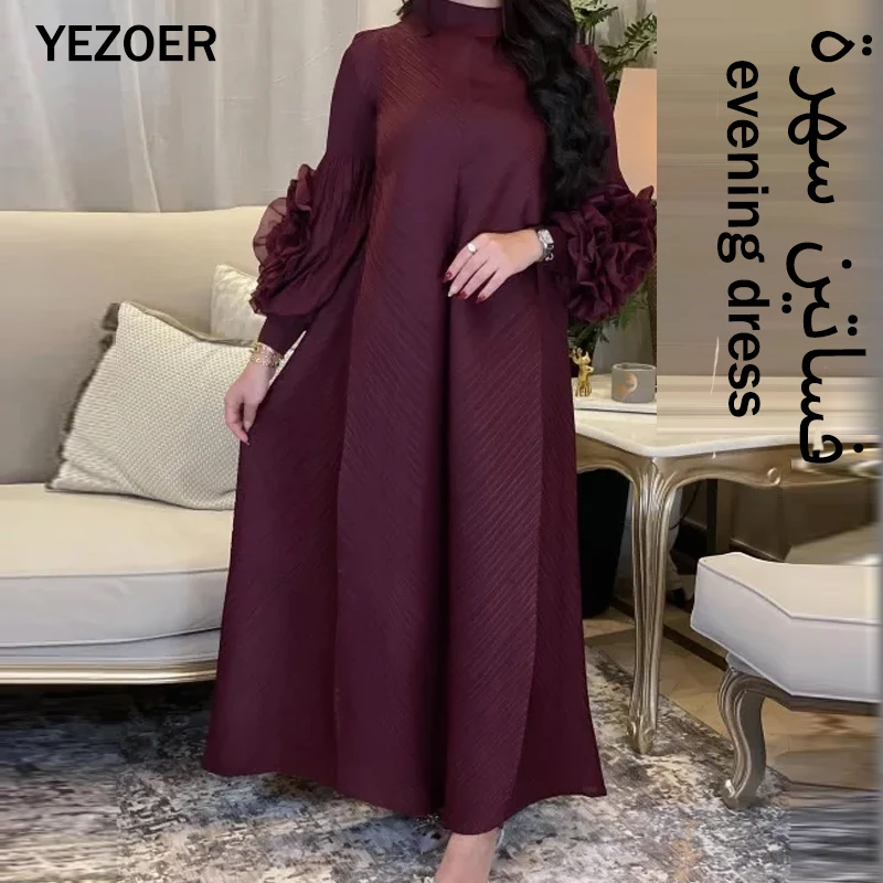 

Miyake Pleate Hot Sales 2025 Summer New Pleated Formal Dresses for Women Mesh Petal Sleeve Solid Evening Party Long Maxi Dresses