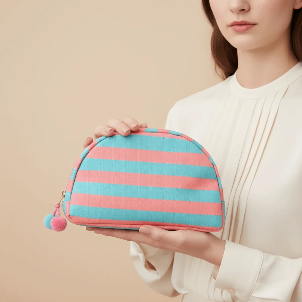 Durable Striped Cosmetic Bag Contrast Color Pom-pom Tassel Shell Shape Pouch Lightweight and Portable Multipurpose Storage