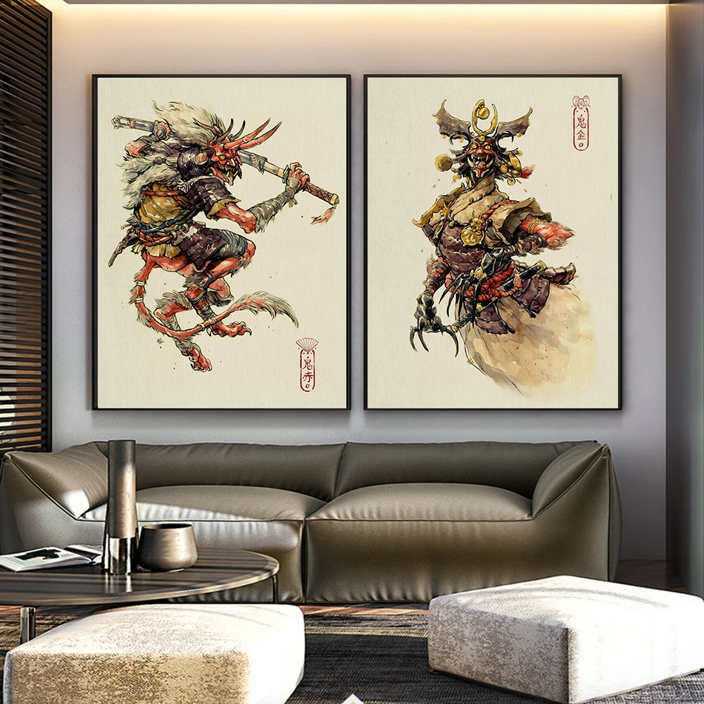 Japanese Demon Traditional Two-Faced Red Gold Oni Art Ink Poster Wall Graffiti Canvas Painting Print Bedroom Home Decor Pictures