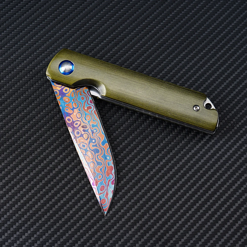 Blue Damascus Knife Aluminum Alloy Handle Outdoor Survival Camping Hunting Folding Knife Portable EDC Collection Pocket Knife view 4