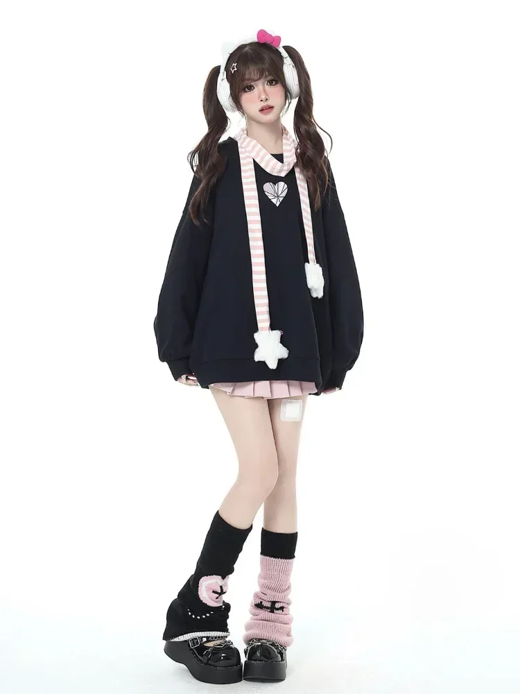 

Y2K Kawaii Bow на шнуровке с вышивкой Love, дизайнерские толстовки, женский топ с длинными рукавами, толстовка в стиле Харадзюку, эстетичная одежда