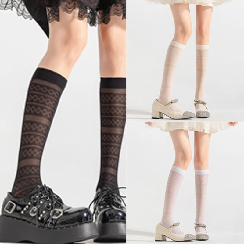 Women Elegant Thin Sheer Solid Color Silk Over Calf Socks Japanese Geometric Striped Pattern Knee Length Stockings M6CD