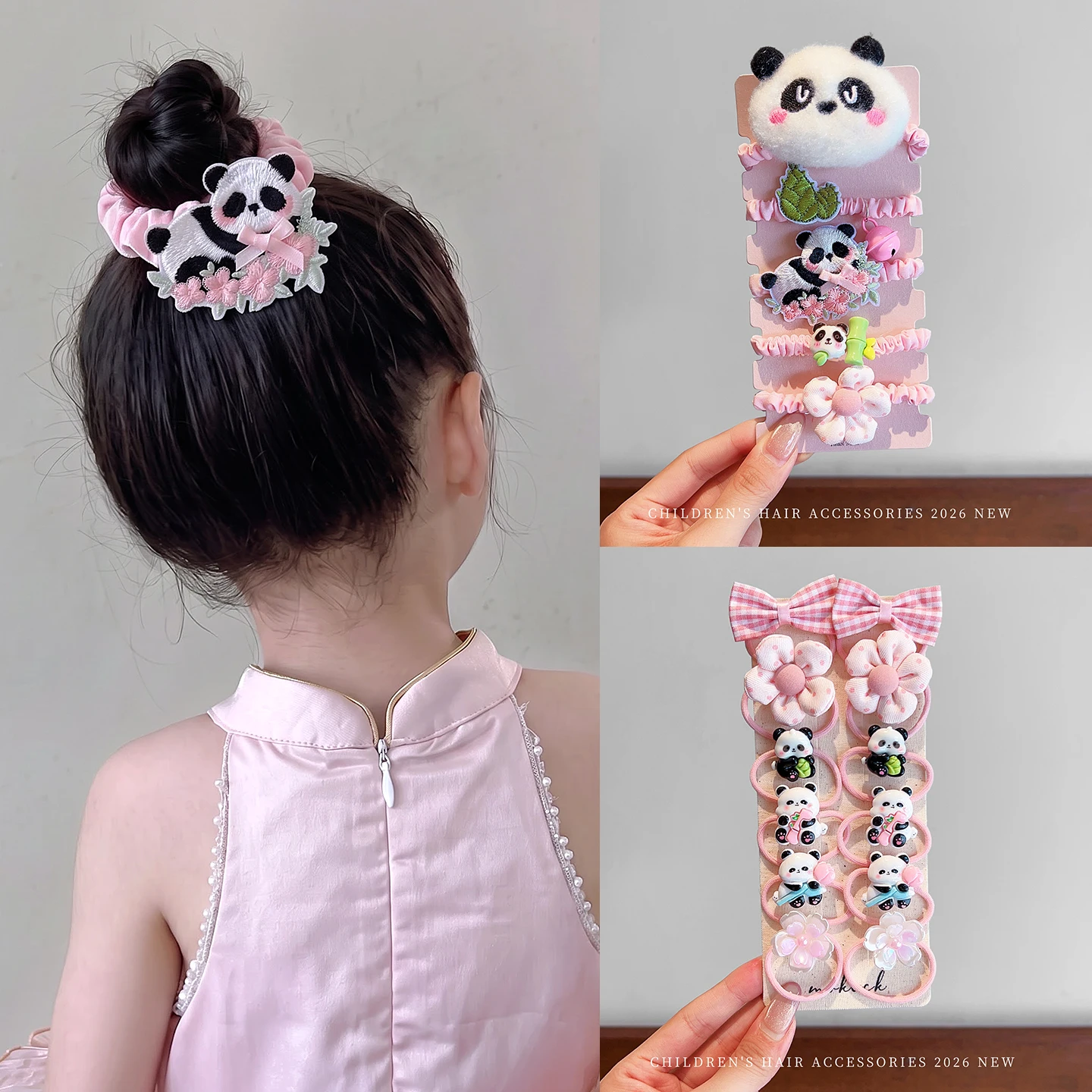 Neues Cartoon-Panda-Haarspangen-Set für Kinder, Plüschpuppe, Schleife, Blumen-Haargummis für Frauen und Mädchen, niedliche rosa Haaraccessoires für den Alltag – Detail 1