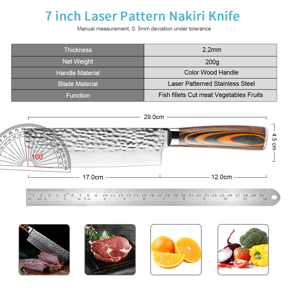 XITUO Choice Nakiri 440c Stainless Steel Pattern Cleaver Kebab Knife Beef Fish Salmon Vegetable Kitchen Cutting Tool Wood Handle
