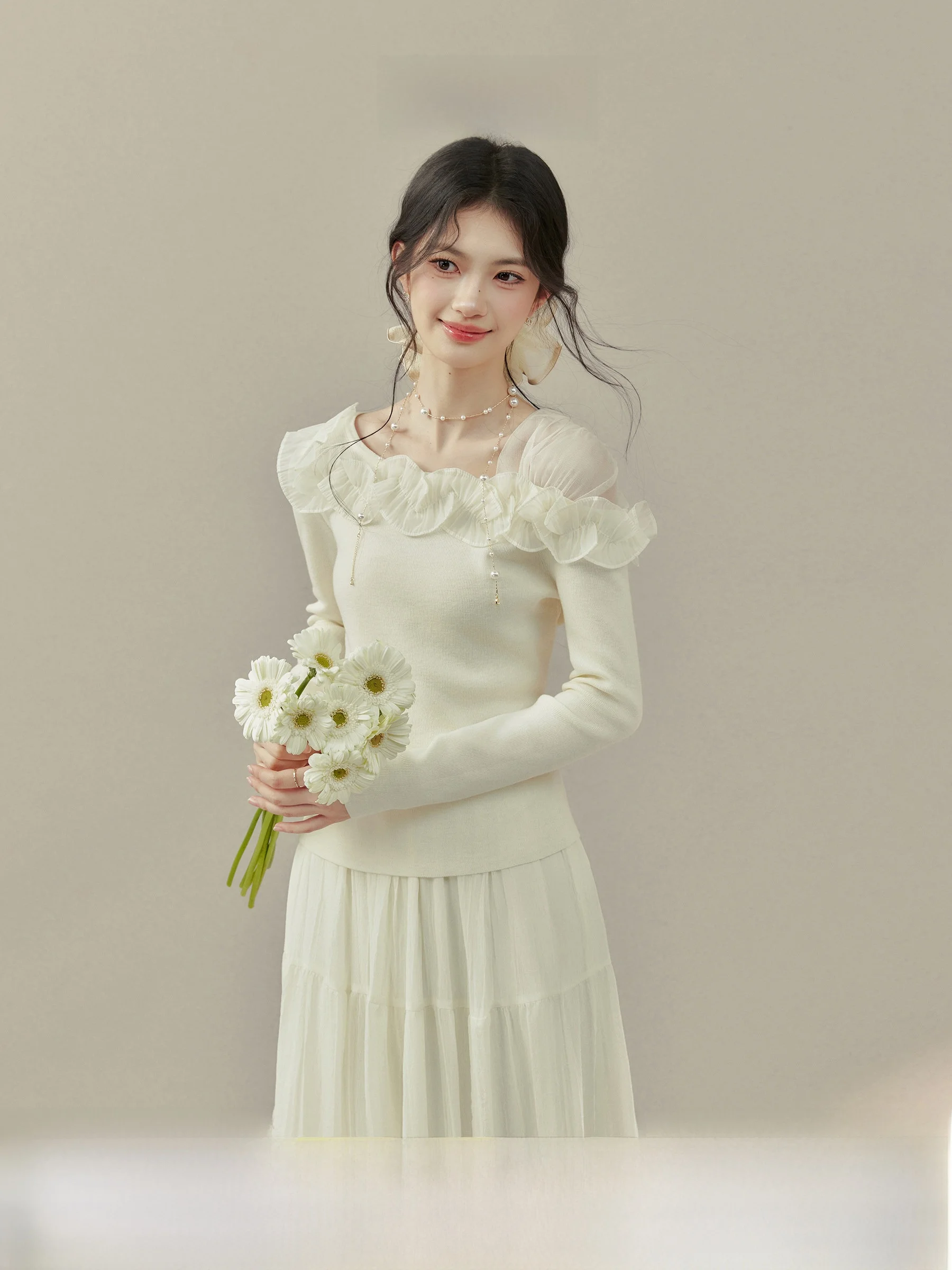 

Женский топ Ouyang Xi с длинными рукавами и квадратным воротником, вязаный, персикового цвета, весенняя мода, французский стиль, с цветочным кружевом по низу