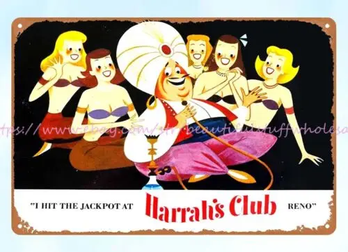 1950s HARRAH'S CLUB CASINO RENO NEVADA I Hit the Jackpot metal tin sign wall art