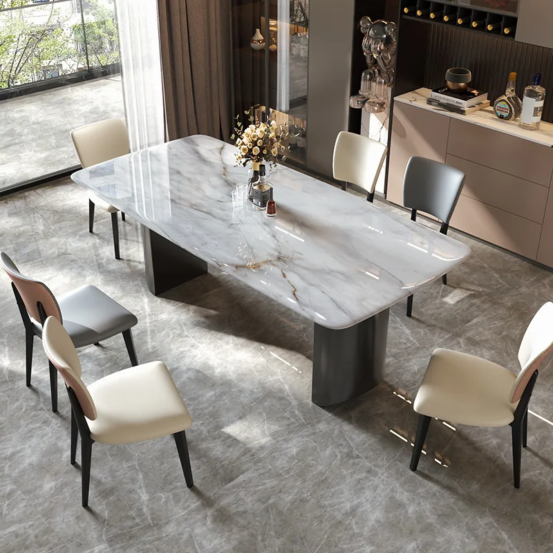 โต๊ะรับประทานอาหารและเก้าอี้หินอ่อนหรูหราจากธรรมชาติ ผสมผสานความหรูหราแบบเบาๆ สำหรับวิลล่าระดับไฮเอนด์ รูปทรงสี่เหลี่ยมผืนผ้า