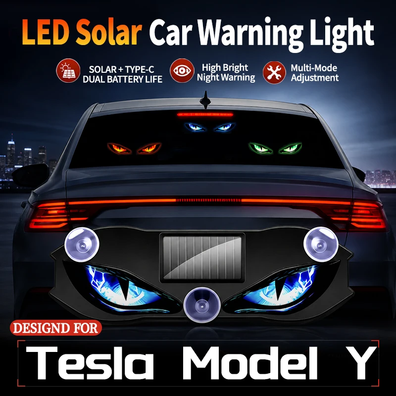 Suitable For Tesla Model Y Car LED Solar Devil Eye Warning Flash Light Triangle Dynamic Wireless Window Strobe Decorative Light