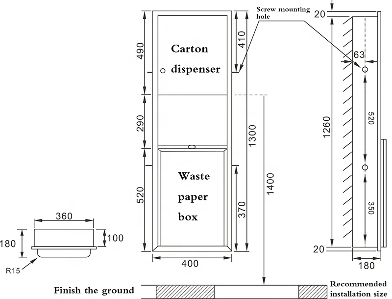 Kommerzieller eingebetteter Badezimmer-Papierhandtuchspender/Mülleimer aus Edelstahl 304.