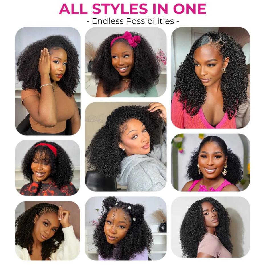 Kinky Curly Half Wig 250 Density Double Drawn Invisible Drawstring Machine Made Wigs Human Hair Ponytail Invisible Hairline Half Wig Natural Colored Ready To Wear Vietnamese Human Hair Wig 18 20 22 24 26 Inch Free Shipping