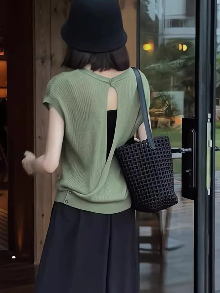 

Корейский Sle Pure Color Design, трикотажная футболка из ледяного шелка ort Sve, женский повседневный пуловер, топ с вырезами Ba Boting irt