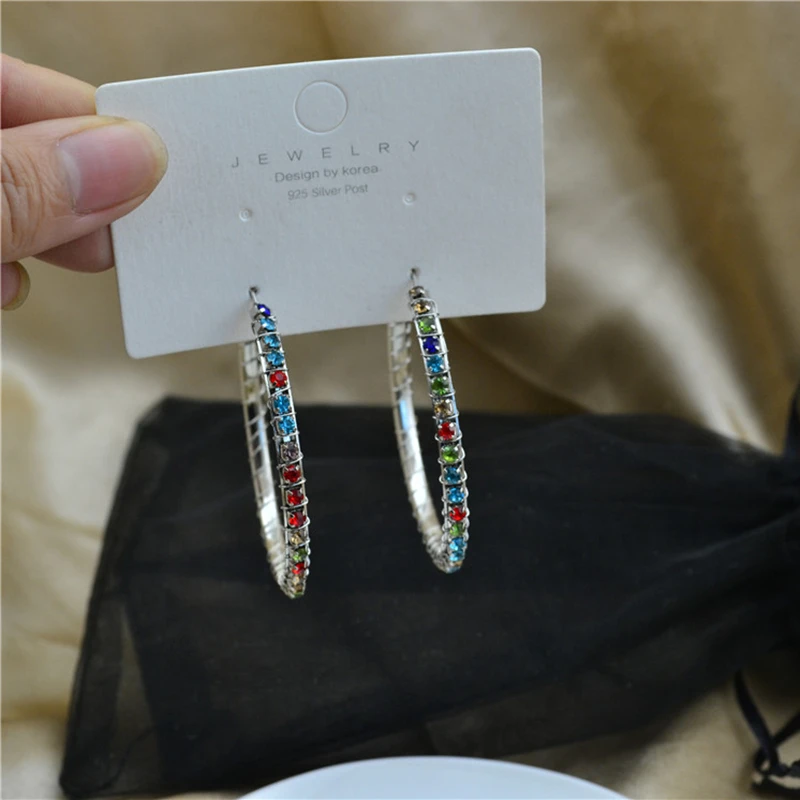 Ladies Earrings Big Circle Color Rhinestone Round Clip On Ear Without Piercing Fashion Jewelry Street Hoop Earrings for Women