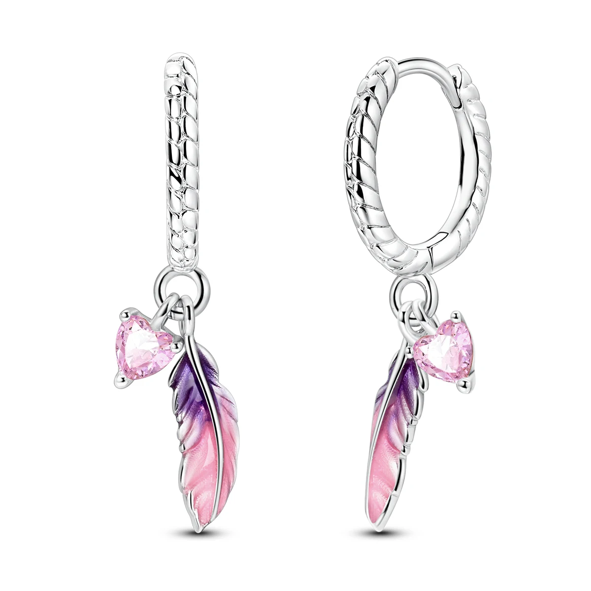 925 Sterling Silber Feder-Herz-Creolen für Damen, rosa Zirkonia-Ohrhänger, niedliche, vielseitige Schmuckgeschenke für Hochzeiten und Partys