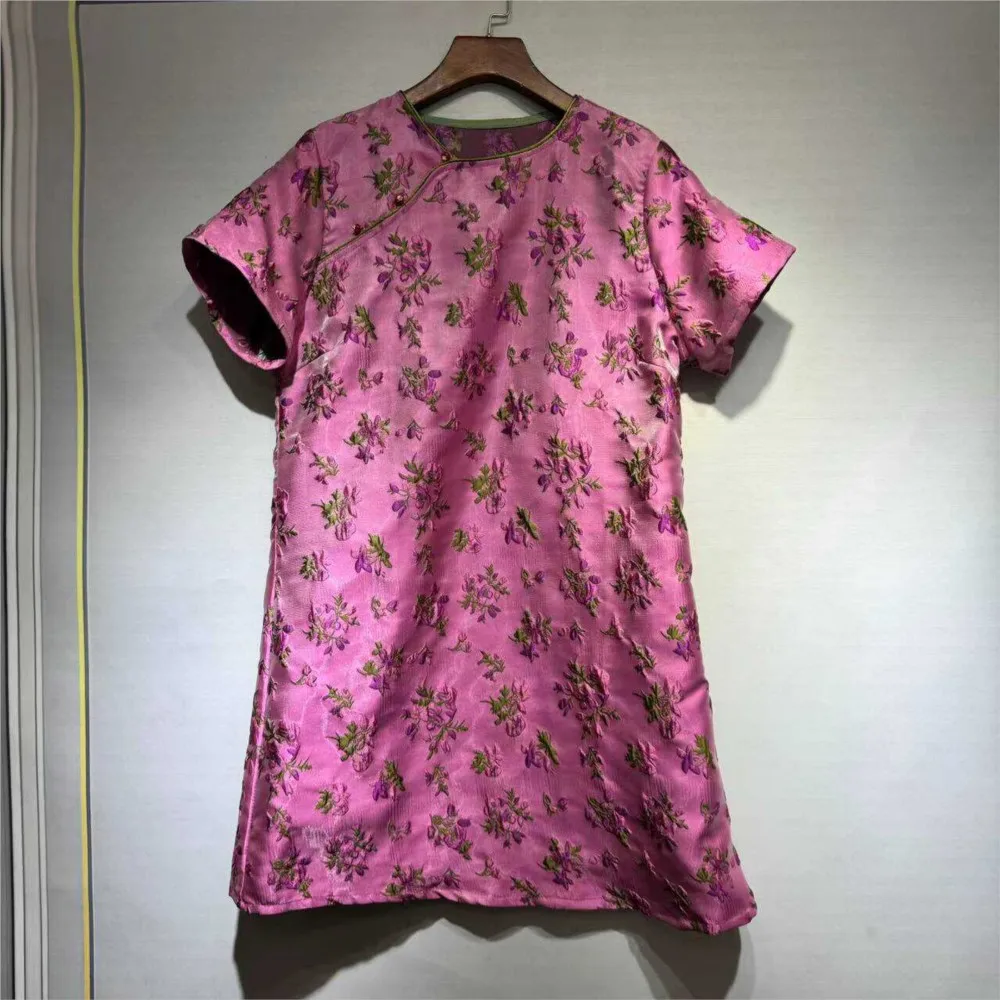 New Chinese Style Flower Embroidery Dress Summer Fashion Temperament Short Sleeve round Neck Cheongsam