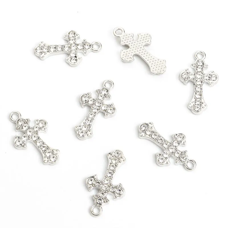 100pcs/lot 23X13mm Cross Rhinestones Drill Faith Charms for Religious Rosary Jewelry Making DIY Necklace Earrings Keychain Alloy