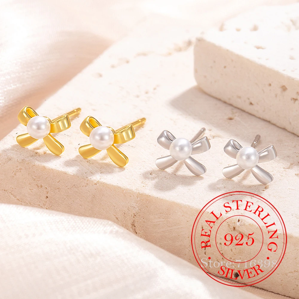 

Ювелирные изделия из стерлингового серебра 925, милые серьги-гвоздики с жемчугом и бантом для женщин, ювелирные изделия для свадебной вечеринки для девочек, подарок другу