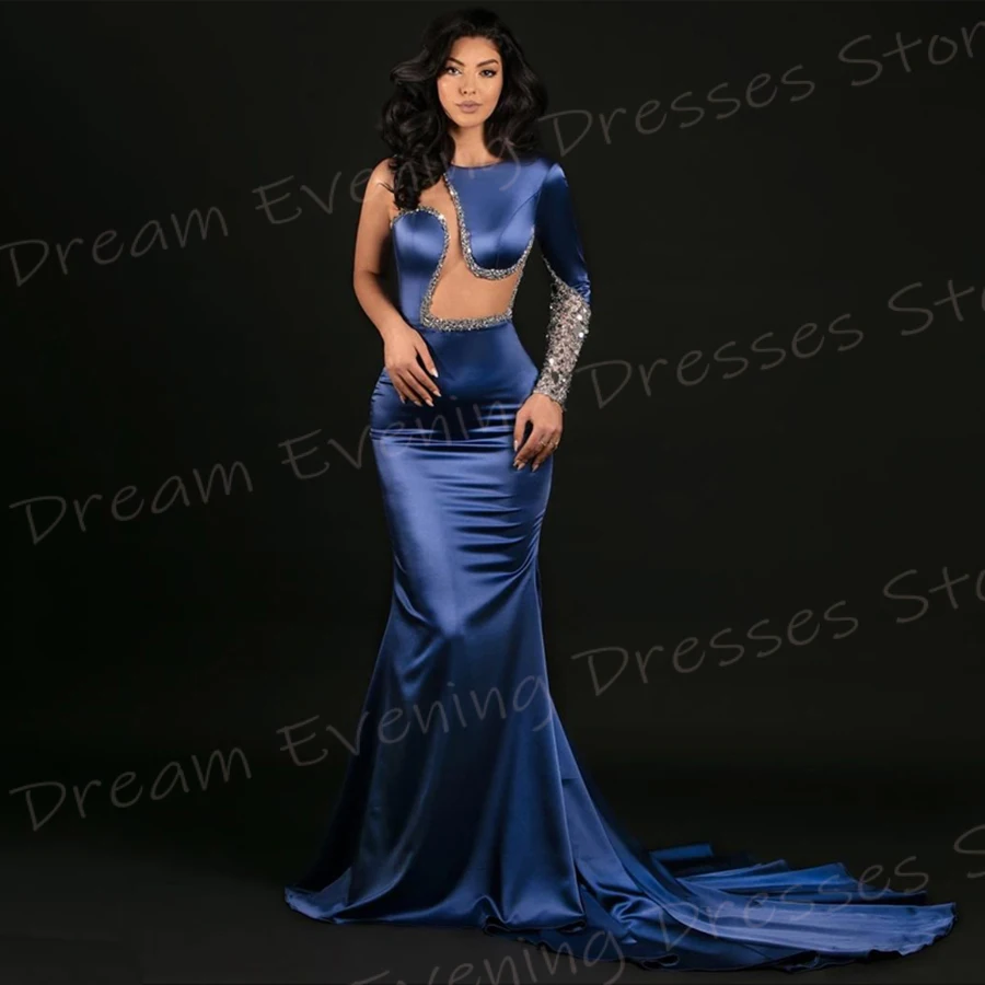 Classic Elegant Blue Mermaid Charming Women's Evening Dresses Modern One Shoulder Sequined Prom Gowns Formal Party Abiye Elbise