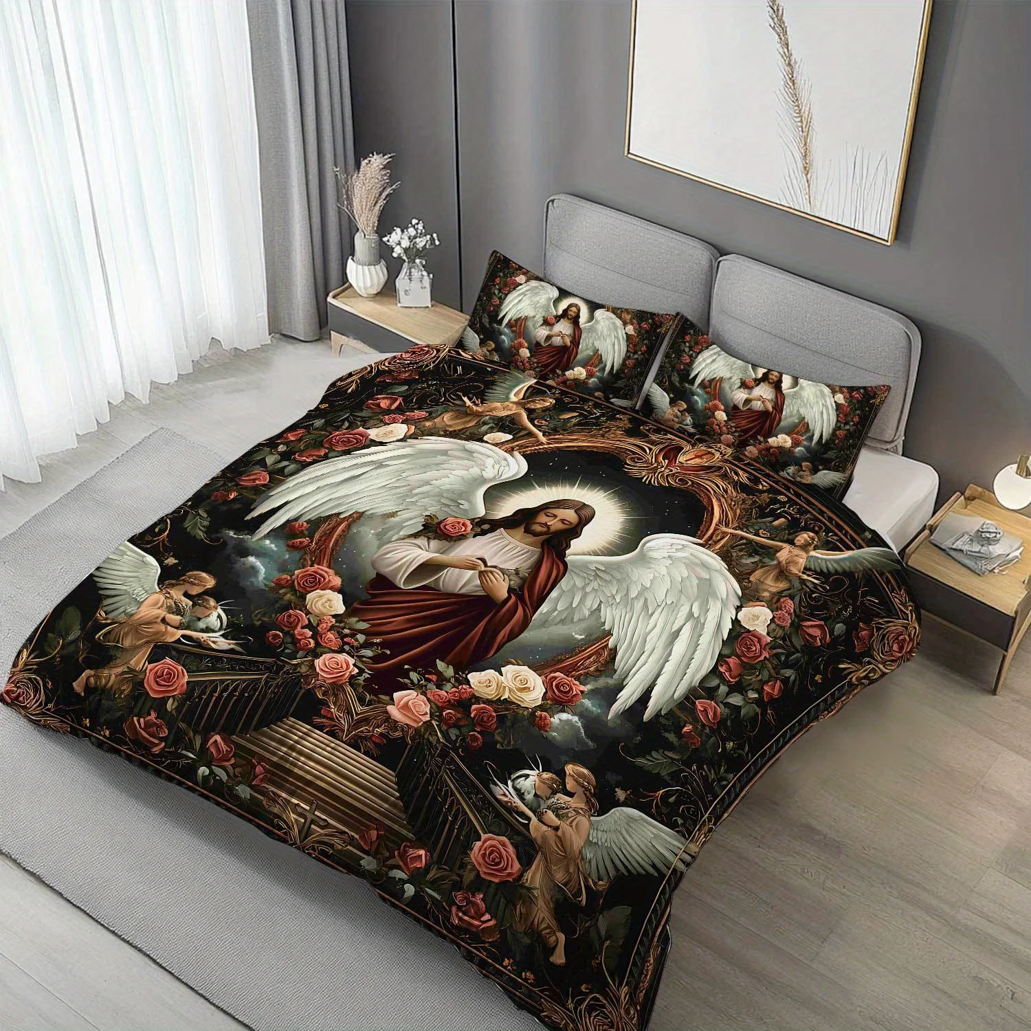 Latacaca 3pcs Gothic Angel & Rose Duvet Cover Set with Jesus Christ Centerpiece - Dark Floral Bedding in Black, Red & Golden