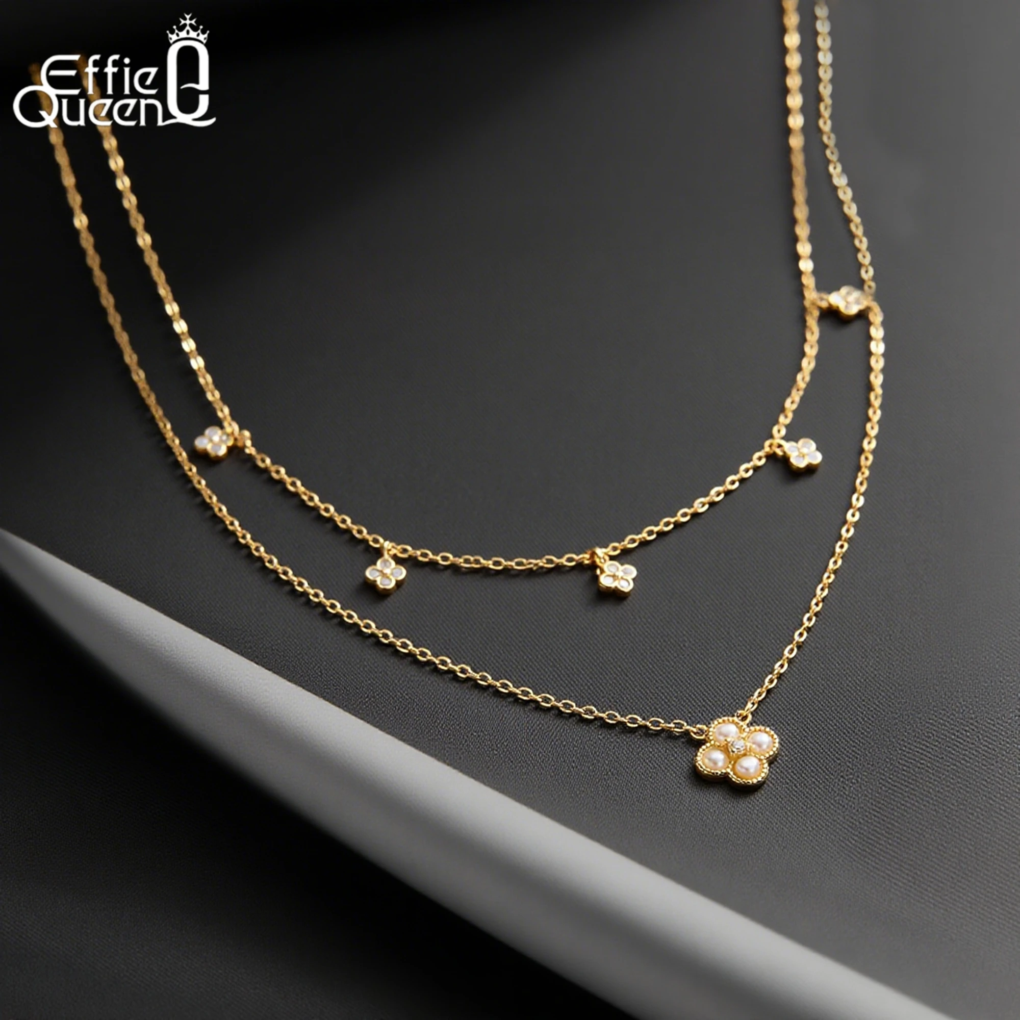 

EFFIE QUEEN 2025 Trend Necklace 14K Gold Graceful 925 Sterling Silver Chain with Dazzling Pearl Four Clover Clover Design GPN80