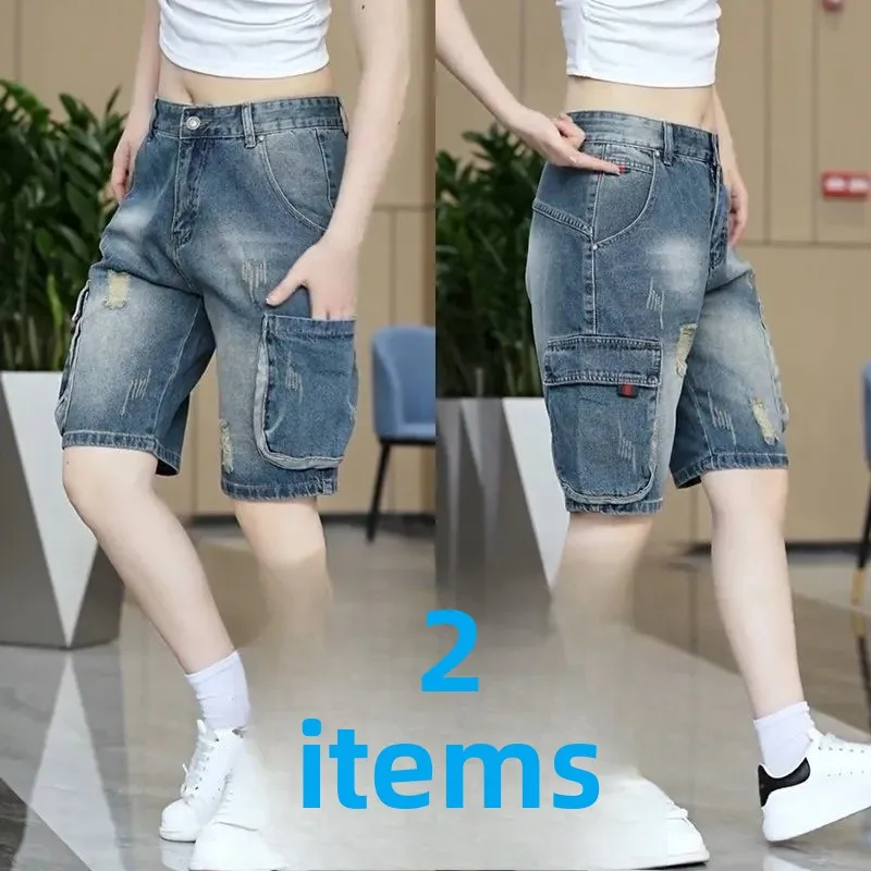 

Американская рабочая одежда в стиле ретро, джинсовые мужские летние тонкие модные свободные повседневные брюки с пятью точками, джинсы с несколькими карманами, свободный крой