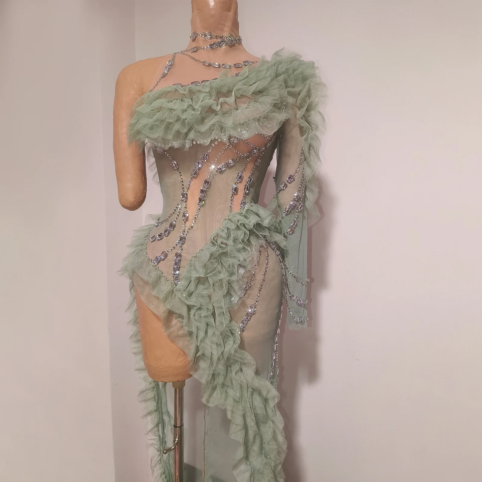 Sexy One shoulder See Through Rhinestone Ruffle Dress High Slits Celebration Dance Birthday Party club Stage Performance singer