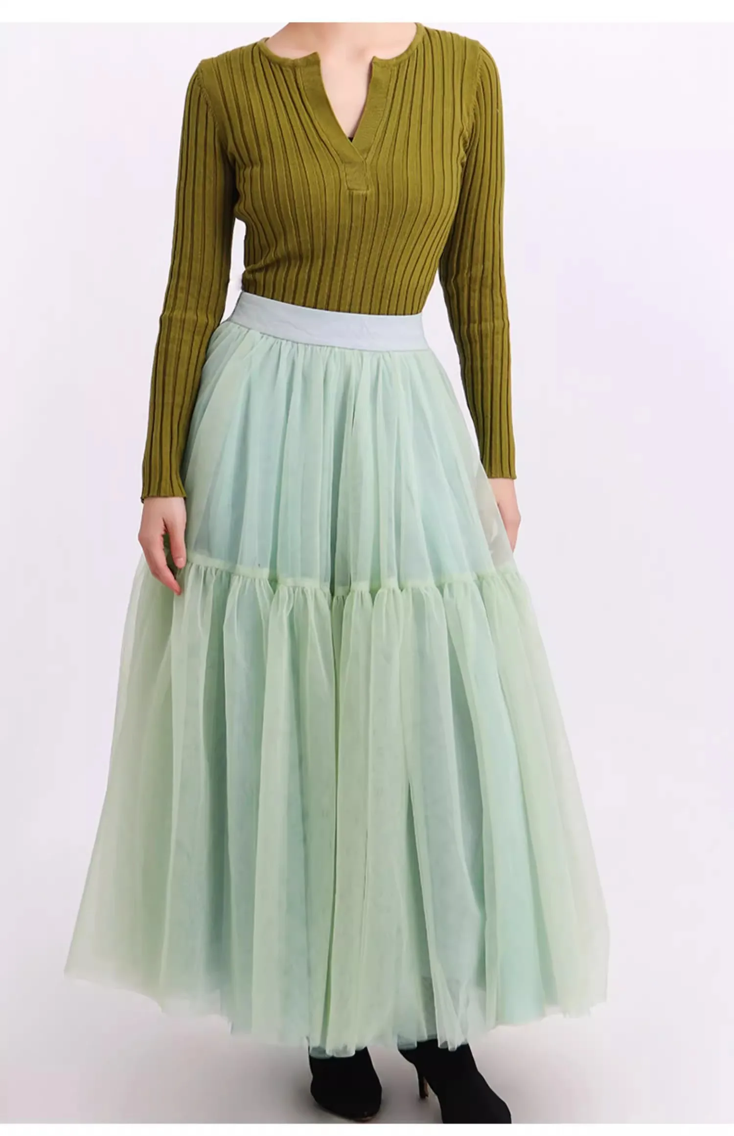 

Женская длинная юбка с высокой талией TB1701, подиумная дизайнерская трапециевидная юбка из сетчатой ткани мятно-зеленого цвета