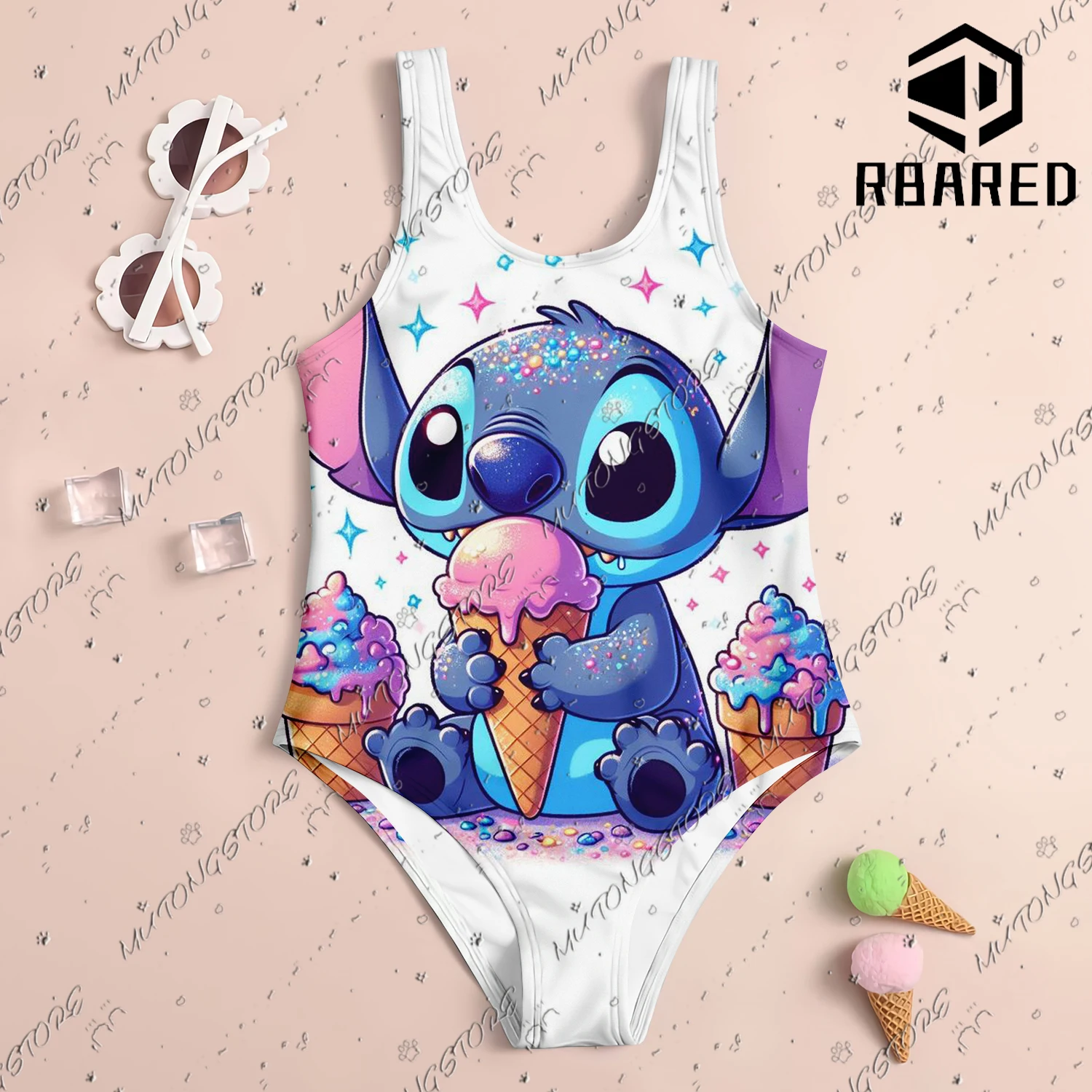 MINISO Cute Stitch Print New Girl Summer One-Piece Swimsuit Fashion Cartoon Women Kids Swimwear Sleeveless Swim Clothing