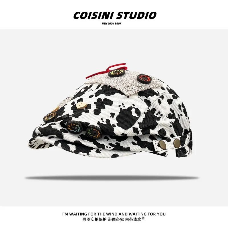 Niche Personality Button Bow Design Leopard Print Forward Hat Woman Spring Street Y2k Short Brim Shade Flat Top Painter Caps