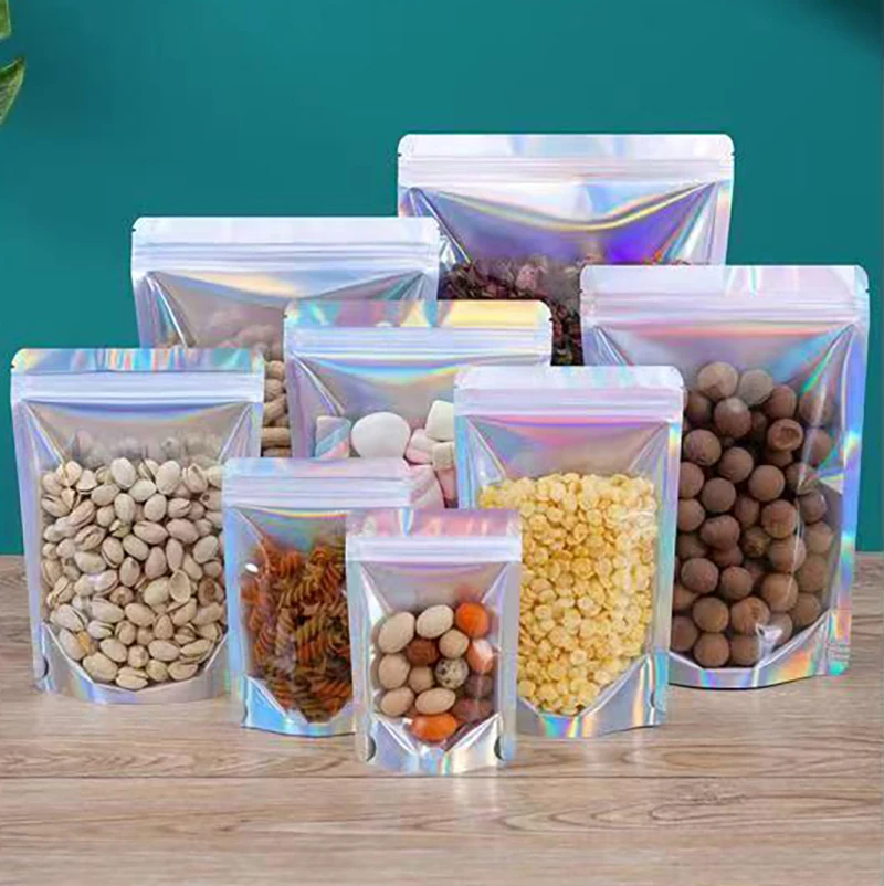 100pcs Stand Up Zip Lock Bag Holographic Laser Clear Front Snack Food Coffee Dried Fruits Nuts Candy Translucent Storage Pouches