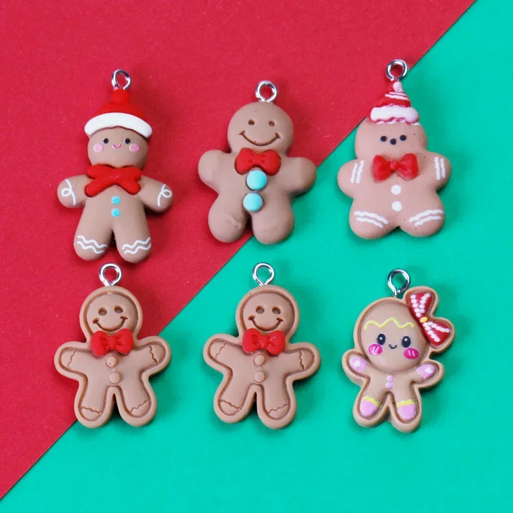 10pcs Christmas Gingerbread Man Biscuits Charms Resin Cookie Xmas Food Pendant for Earrings Bracelet Diy Jewelry Making Supplies