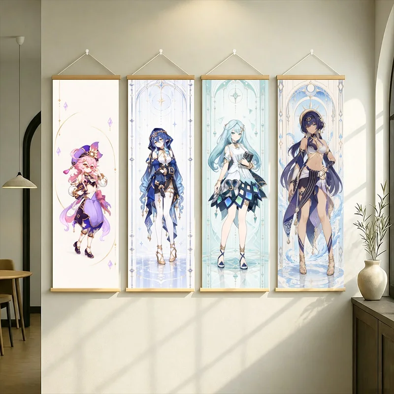 Genshin Impact Wall Scroll with Anime Girls in Purple and Blue Outfits and Light Geometric Backgrounds for a Gaming Bedroom