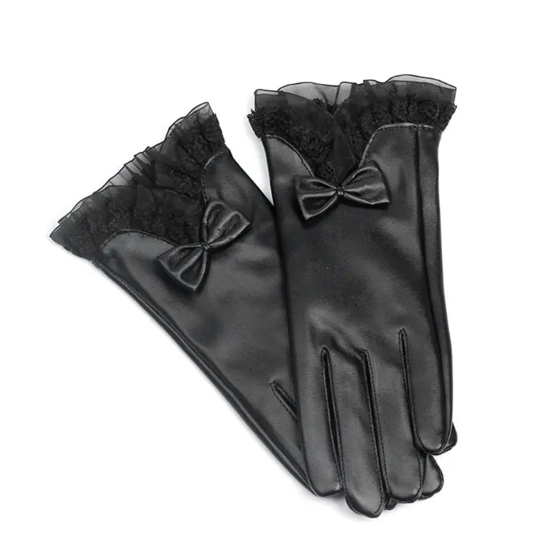 Elegant Lady Lace Bowknot Faux Leather Warm Gloves Women Full Finger Ski Gloves