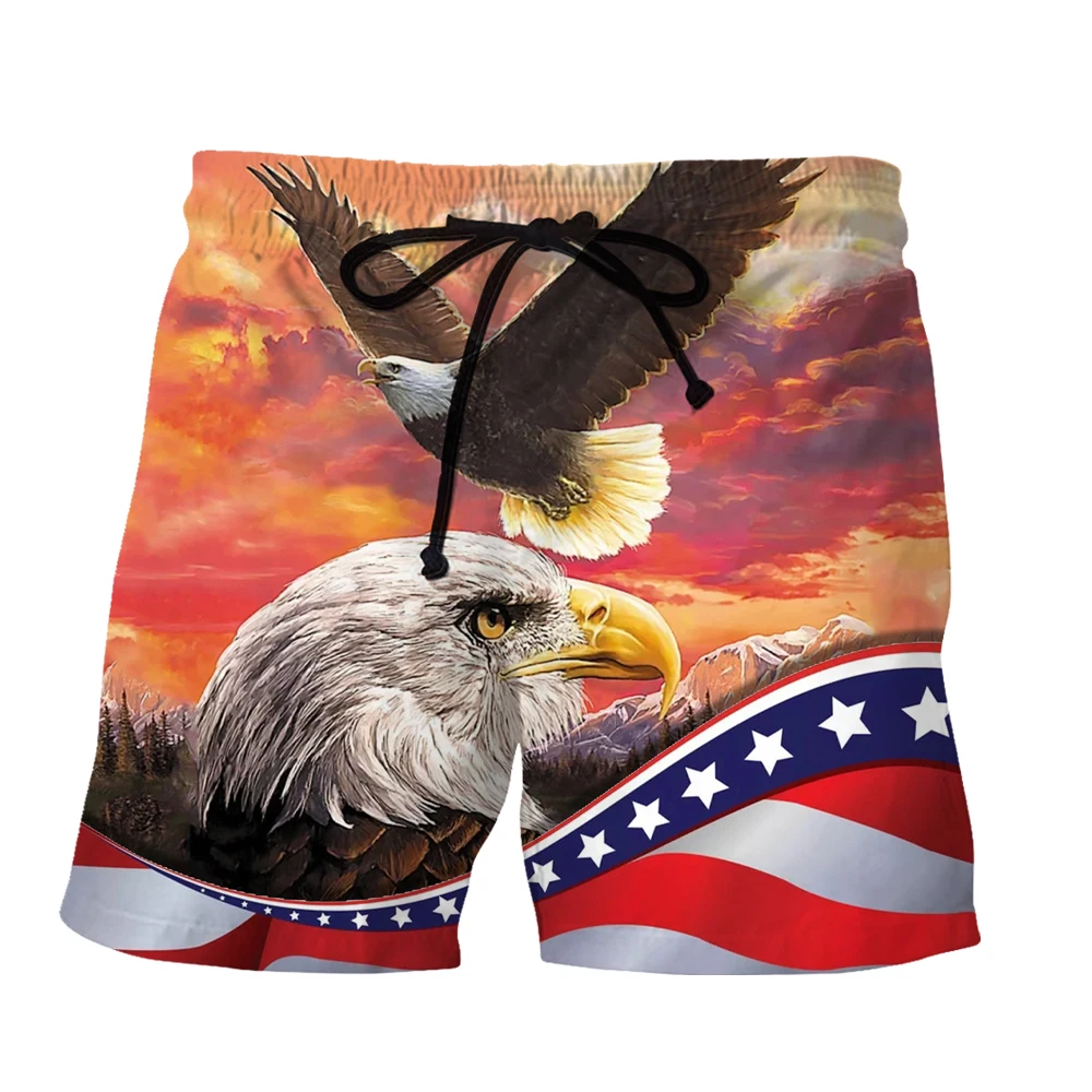 SONSPEE 3D Print Cool American Flag With Animal Bald Eagle Patchwork Shorts Casual Fashion Loose Gym Fitness Sports Short Pants